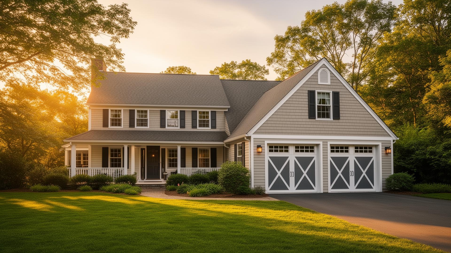 Beautiful New England colonial home with modern garage doors in Roslindale