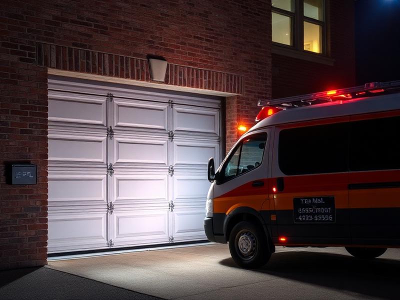 Emergency garage door repair service van at night