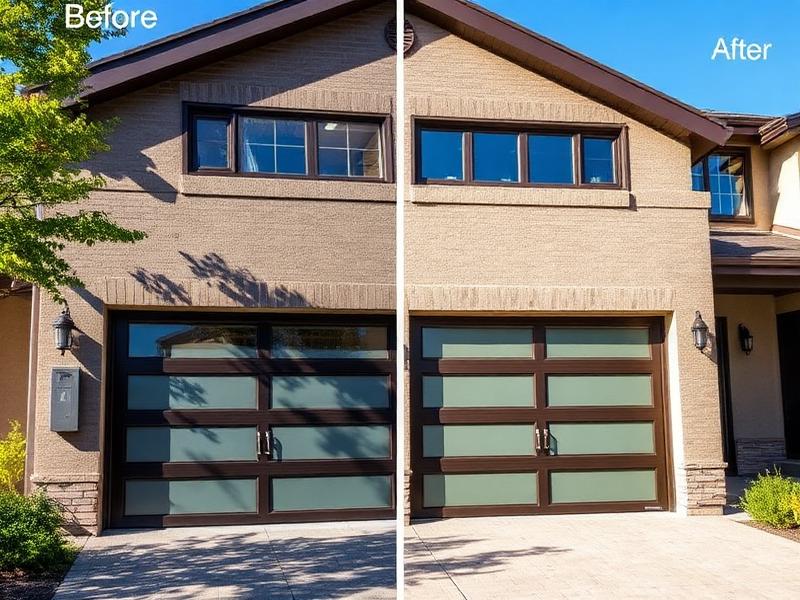 Before and after garage door installation showing quality workmanship
